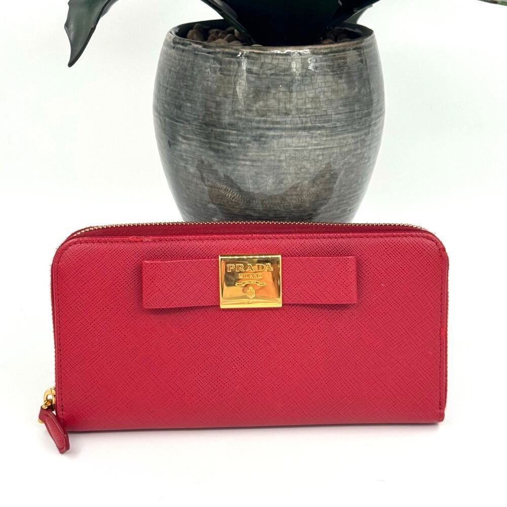 Prada Saffiano Bow Zip Around Continental Red‎ Wallet GHW